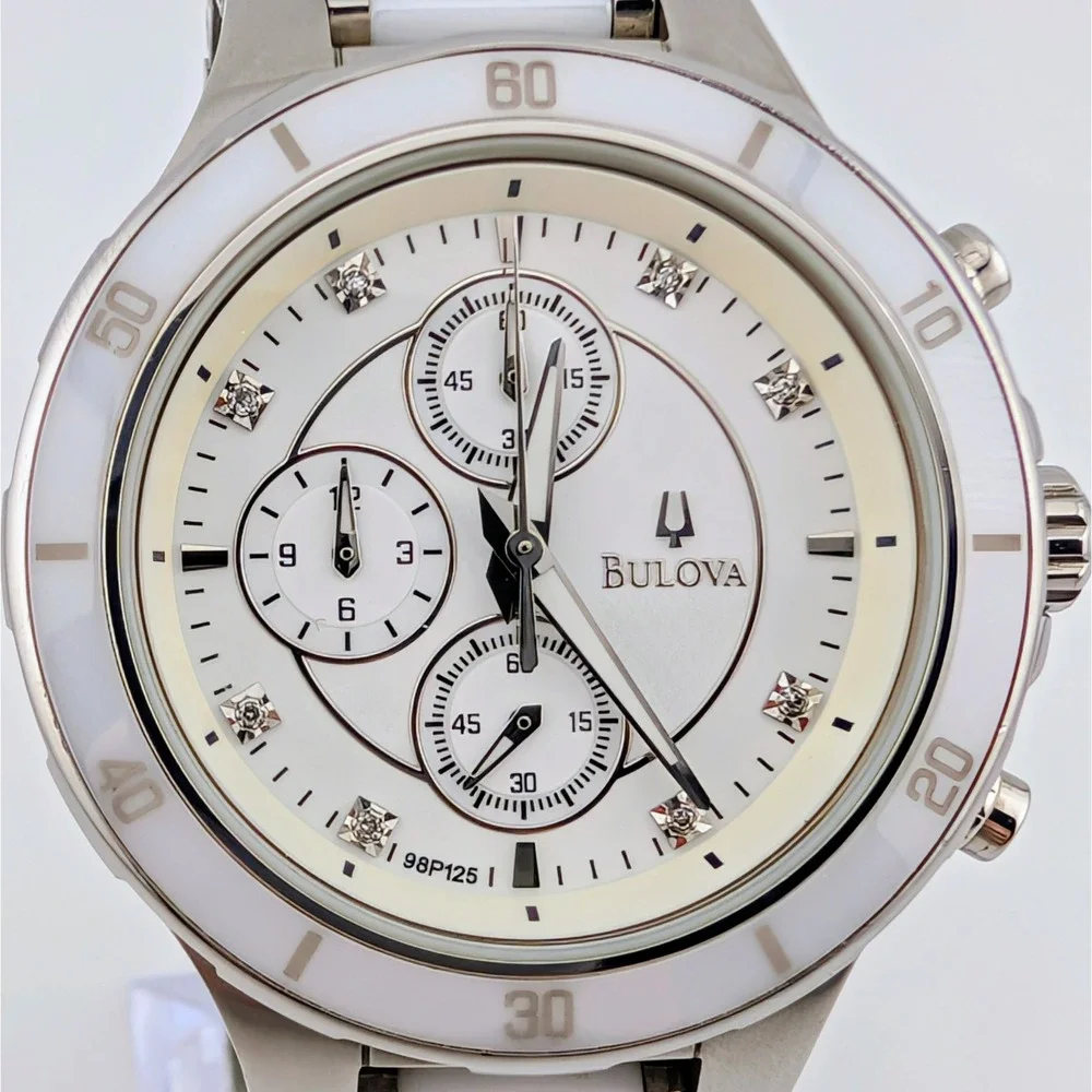 Bulova 98P125 Diamond Chronograph White Ceramic SS Women's Watch 40mm 6